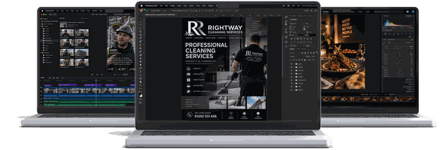 Three laptops, a print flyer open in Photoshop at the front, with a client interview in Final Cut Pro and food photography in Lightroom behind it.