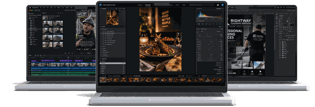 Three laptops, restaurant photography being graded in Lightroom at the front, with a client interview in Final Cut Pro and a print flyer in Photoshop behind it.