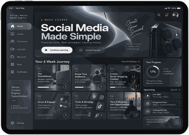 A tablet showing the Social Media Made Simple course: the six week journey, module progress and what is coming up.