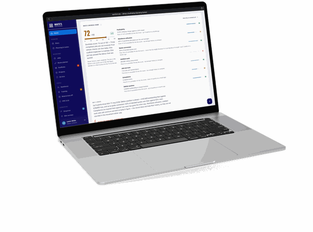A laptop showing a scaffolding company’s operating system: a business score broken down by profitability, workforce utilisation, quote conversion and unbilled work.