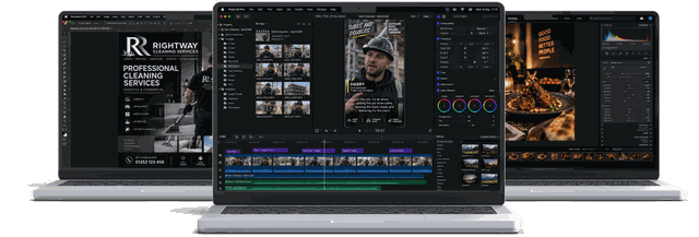 Three laptops, a client interview being cut in Final Cut Pro at the front, with a print flyer in Photoshop and food photography in Lightroom behind it.