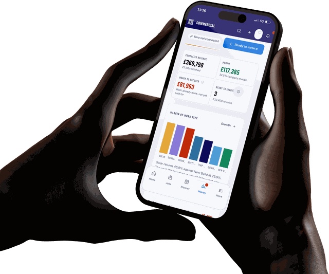A bespoke business system on a phone, showing completed revenue, profit, money still to recover and margin by type of work.