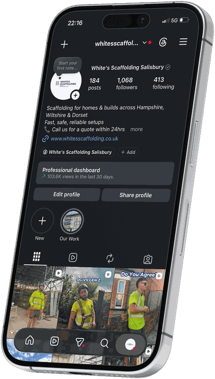 An iPhone showing the White’s Scaffolding Instagram profile, with the reels we made for them in the grid.
