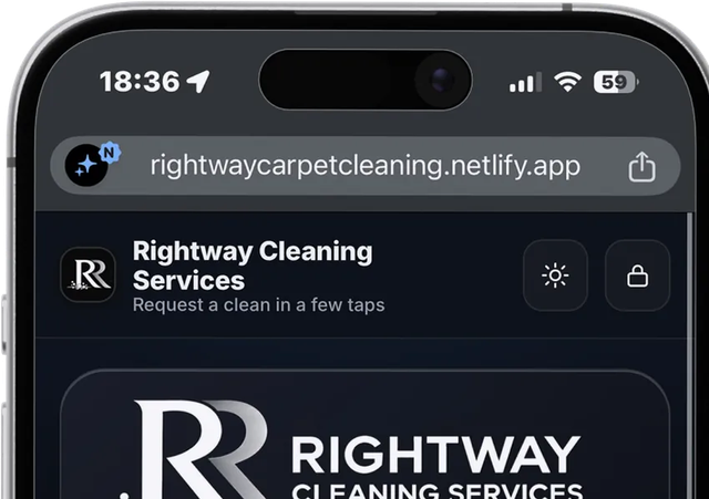 The online booking site we built for Rightway Cleaning Services, open on a phone.